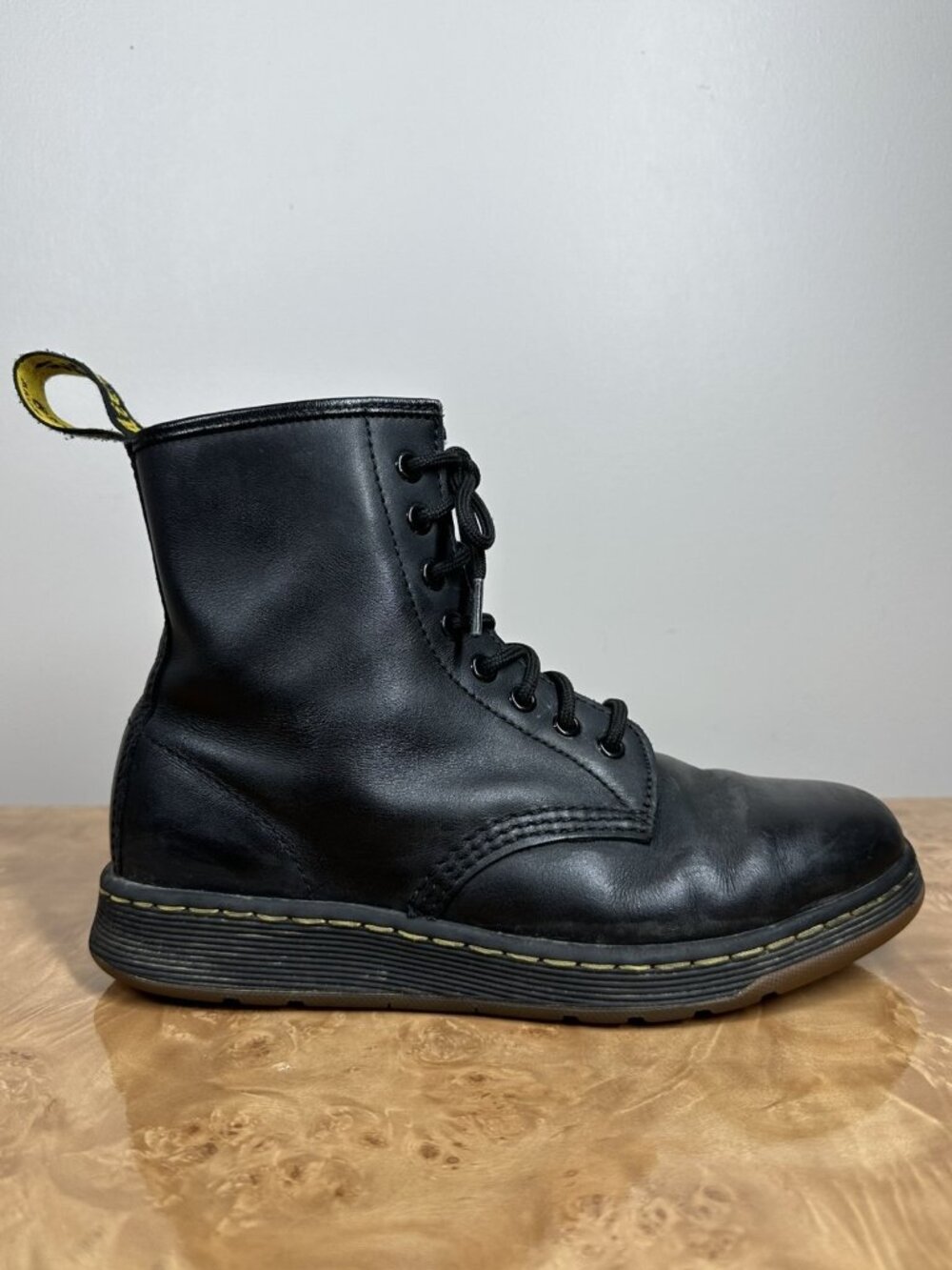 Dr. Martens Newton Black Leather Combat Boots Womens 8 Mens 7 DM's Lite SoftWair